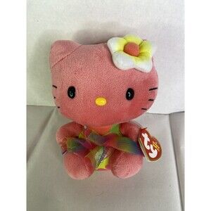 TY Hello Kitty Sanrio Pink Hawaiian Bathing Suit Tutu Flower Plush Stuffed Toy